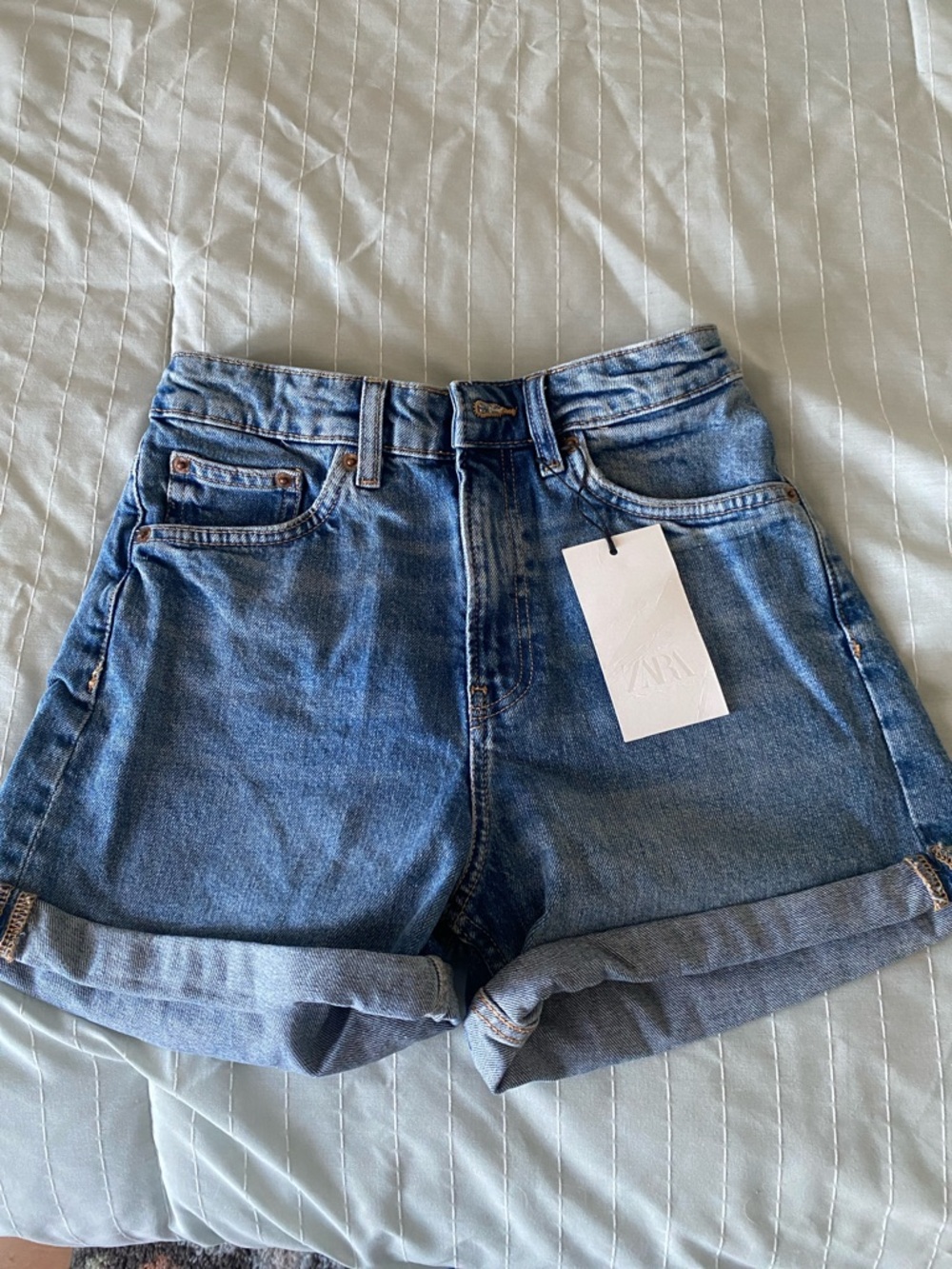 Zara Light Blue High-Waist Rolled Denim Shorts
